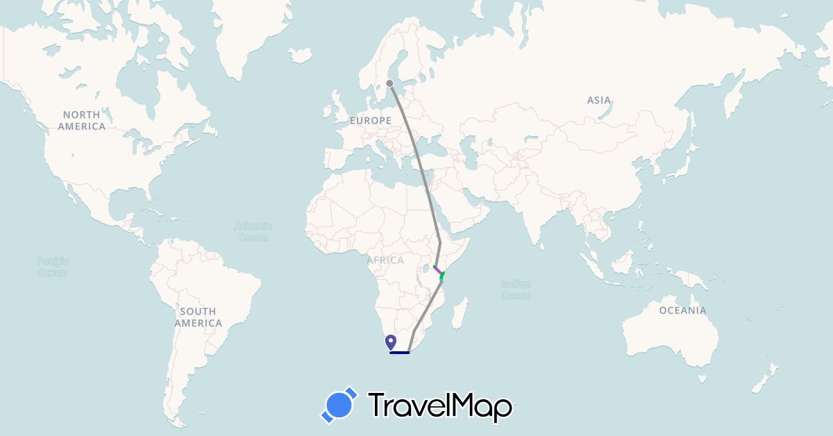 TravelMap itinerary: driving, bus, plane, train, boat in Ethiopia, Kenya, Sweden, Tanzania, South Africa (Africa, Europe)